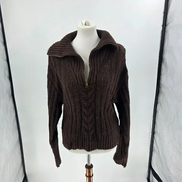 525 Brown Cable Knit Half-Zip Pullover Sweater, Size S - Picture 2 of 13